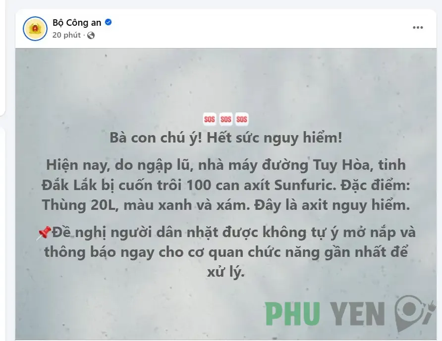 Khẩn: Bà con chú ý hết sức nguy hiểm &#8211; 100 can axít ở nhà máy đường Tuy Hòa, tỉnh Đắk Lắk bị trôi theo lũ