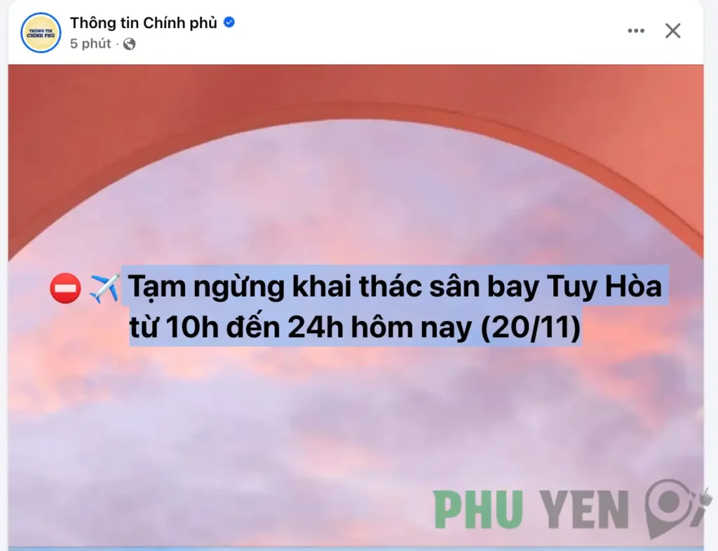 Tạm ngừng khai thác sân bay Tuy Hòa từ 10h đến 24h hôm nay (20/11)